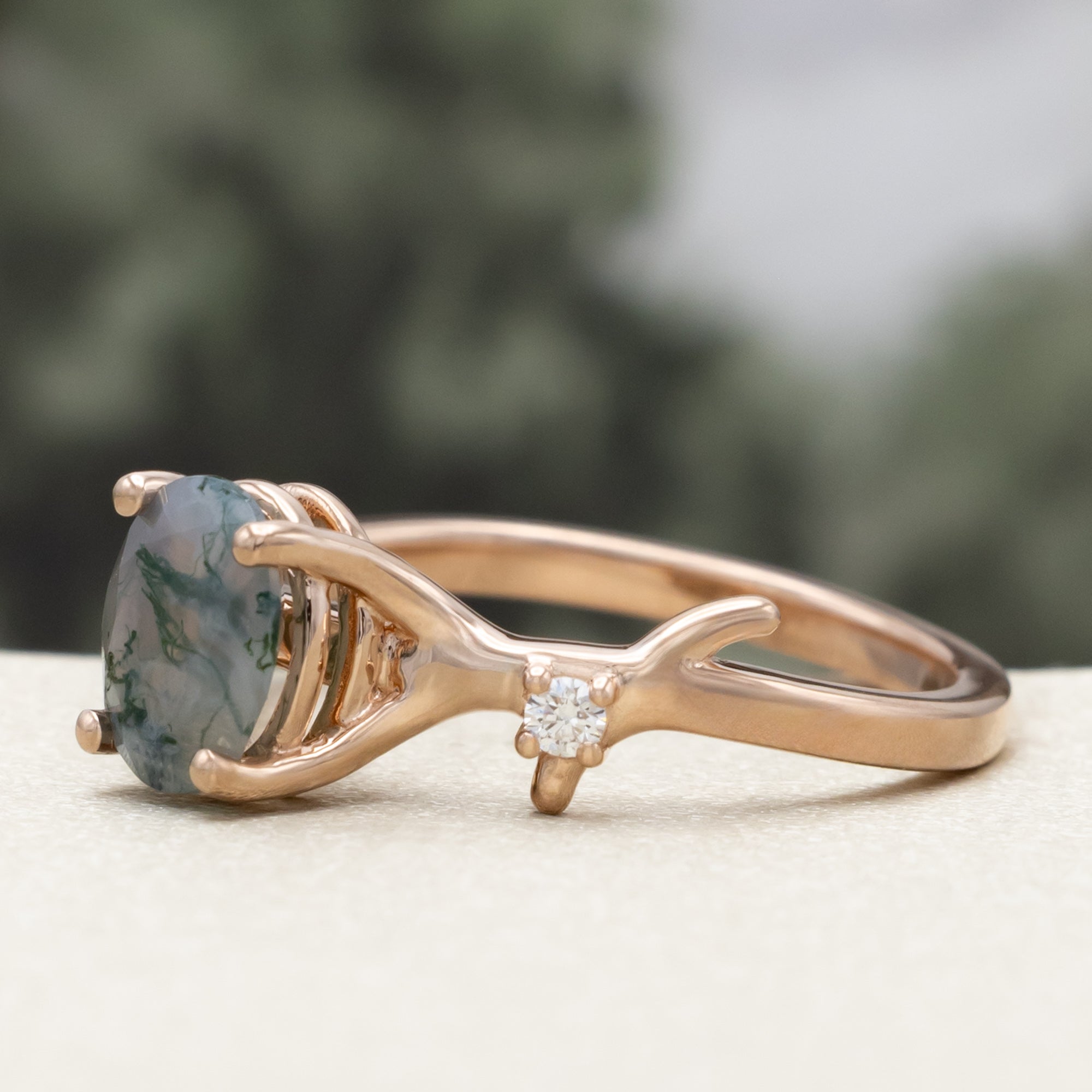 "ARTEMIS" - OVAL CUT MOSS AGATE ENGAGEMENT RING WITH DIAMOND ACCENTS & STACKING BAND-Staghead Designs