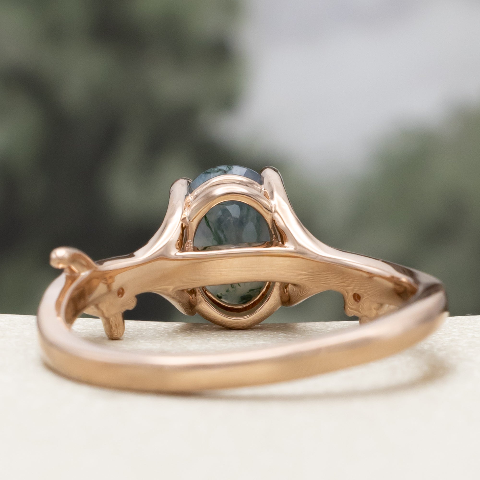 "ARTEMIS" - OVAL CUT MOSS AGATE ENGAGEMENT RING WITH DIAMOND ACCENTS & STACKING BAND-Staghead Designs