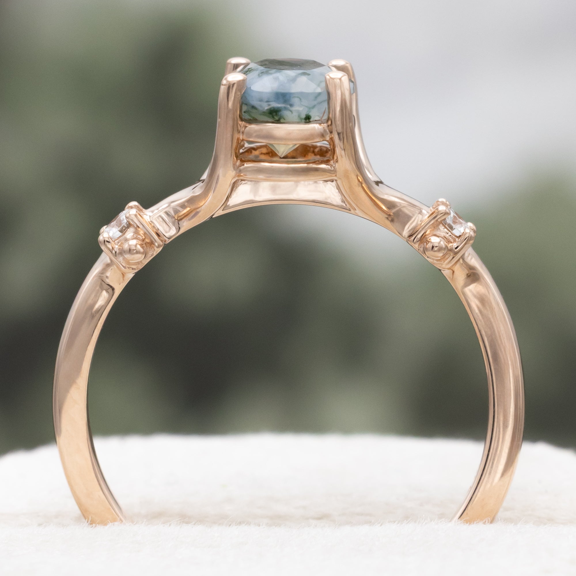 "ARTEMIS" - OVAL CUT MOSS AGATE ENGAGEMENT RING WITH DIAMOND ACCENTS & STACKING BAND-Staghead Designs
