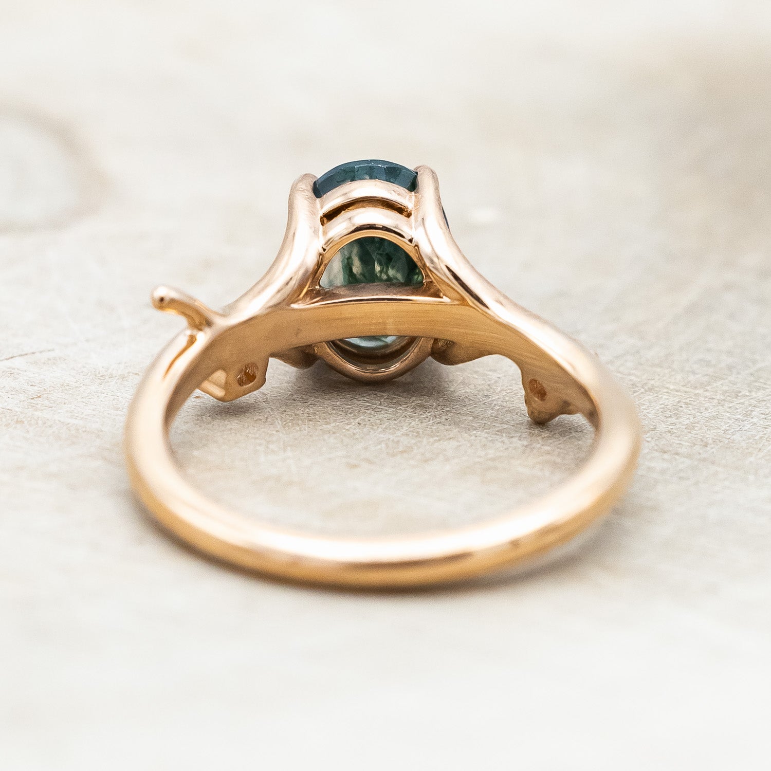 "ARTEMIS" - OVAL CUT MOSS AGATE ENGAGEMENT RING WITH DIAMOND ACCENTS & STACKING BAND-Staghead Designs