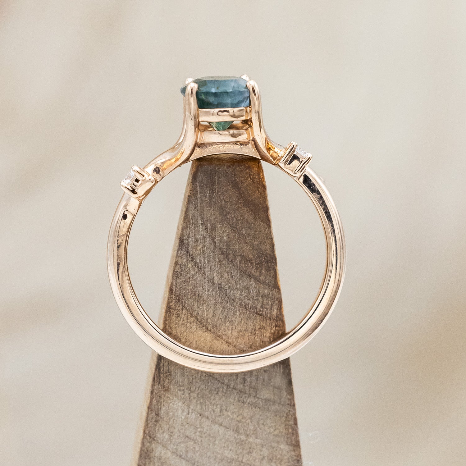 "ARTEMIS" - OVAL CUT MOSS AGATE ENGAGEMENT RING WITH DIAMOND ACCENTS & STACKING BAND-Staghead Designs