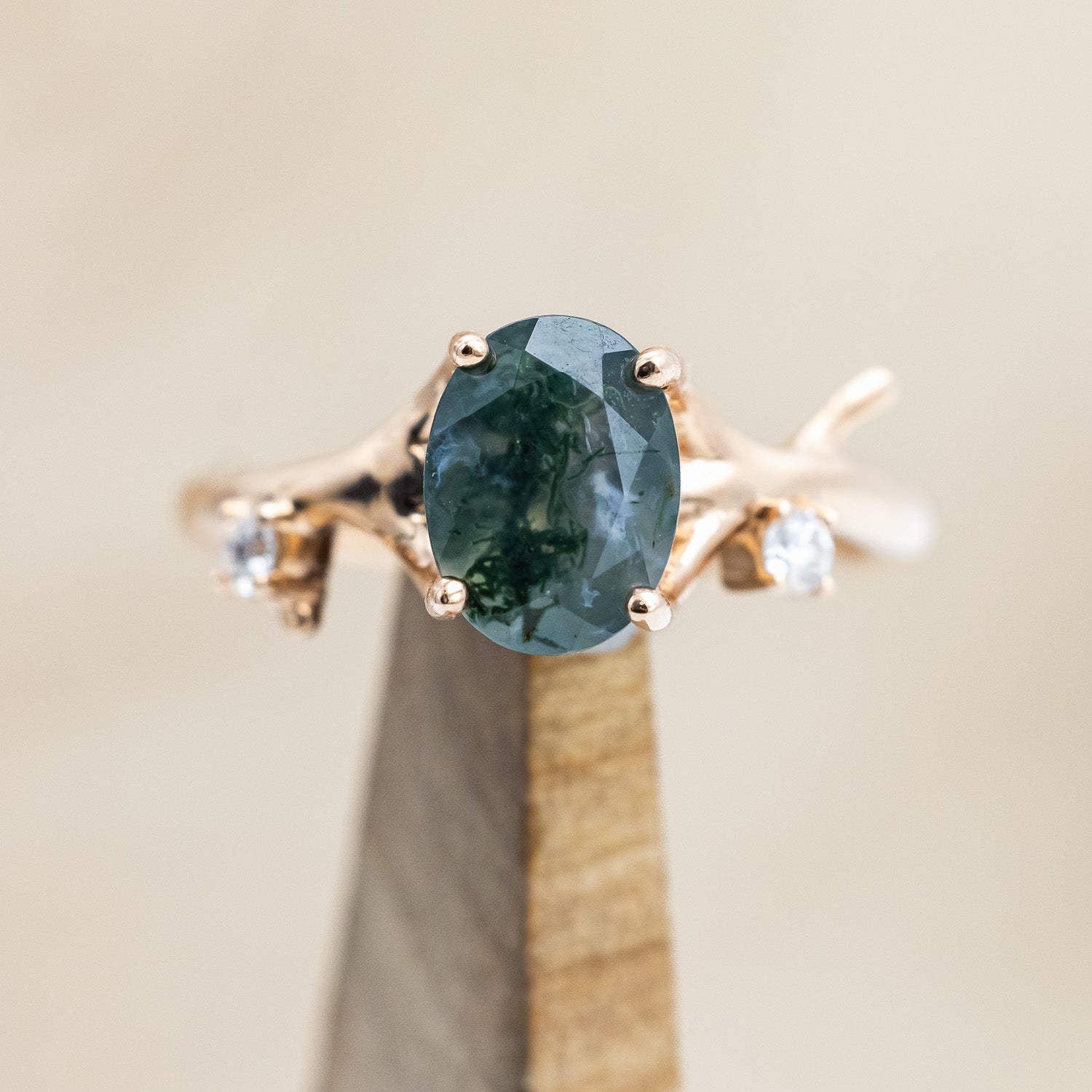 "ARTEMIS" - OVAL CUT MOSS AGATE ENGAGEMENT RING WITH DIAMOND ACCENTS & STACKING BAND-Staghead Designs