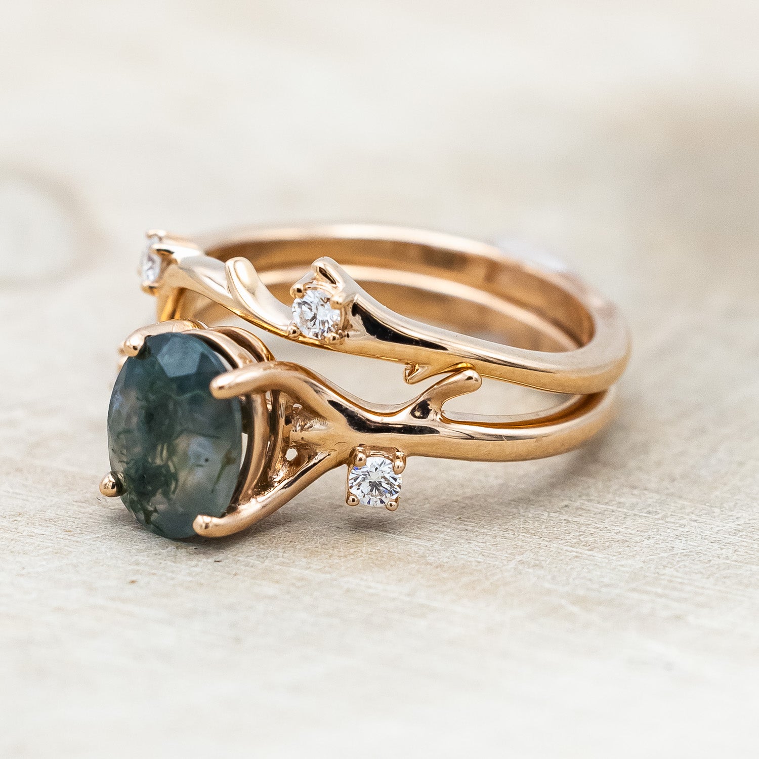 "ARTEMIS" - OVAL CUT MOSS AGATE ENGAGEMENT RING WITH DIAMOND ACCENTS & STACKING BAND-Staghead Designs
