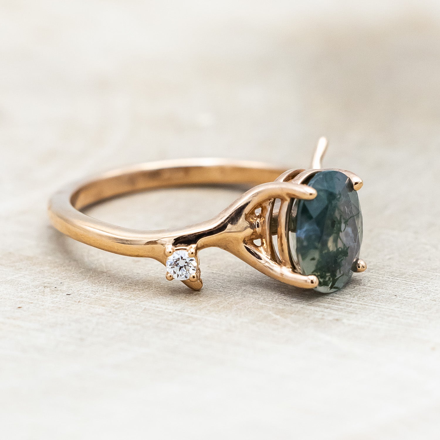 "ARTEMIS" - OVAL CUT MOSS AGATE ENGAGEMENT RING WITH DIAMOND ACCENTS & STACKING BAND-Staghead Designs