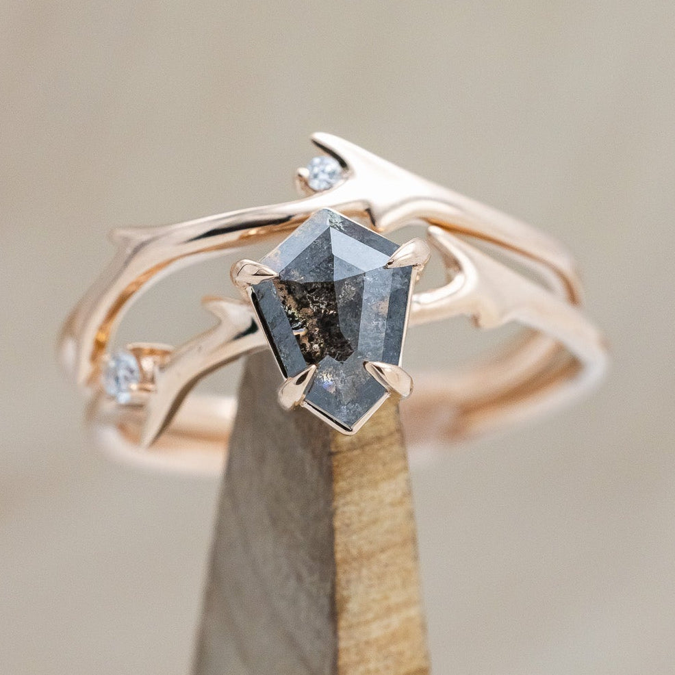 "ARTEMIS" - SHIELD CUT SALT & PEPPER DIAMOND ENGAGEMENT RING WITH DIAMOND ACCENTS & STACKING BAND-19