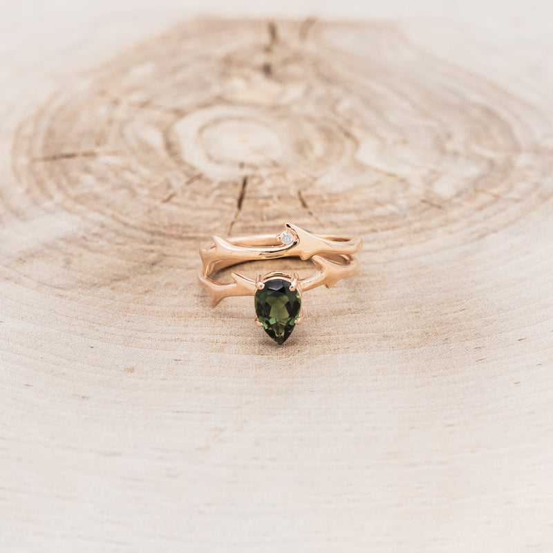 "ARTEMIS" - PEAR GREEN TOURMALINE ENGAGEMENT RING WITH AN ANTLER-STYLE STACKING BAND WITH DIAMOND ACCENT-4