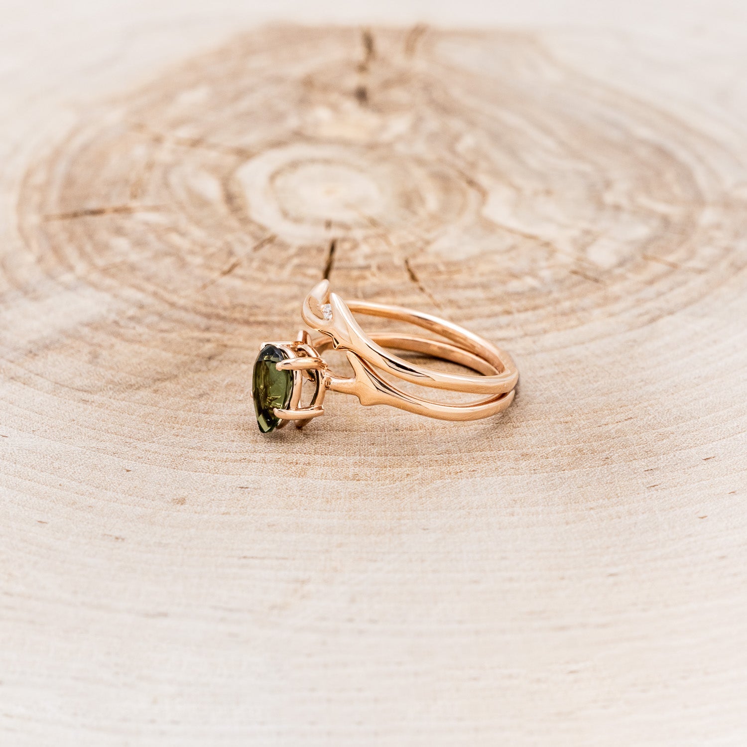"ARTEMIS" - PEAR GREEN TOURMALINE ENGAGEMENT RING WITH AN ANTLER-STYLE STACKING BAND WITH DIAMOND ACCENT-3