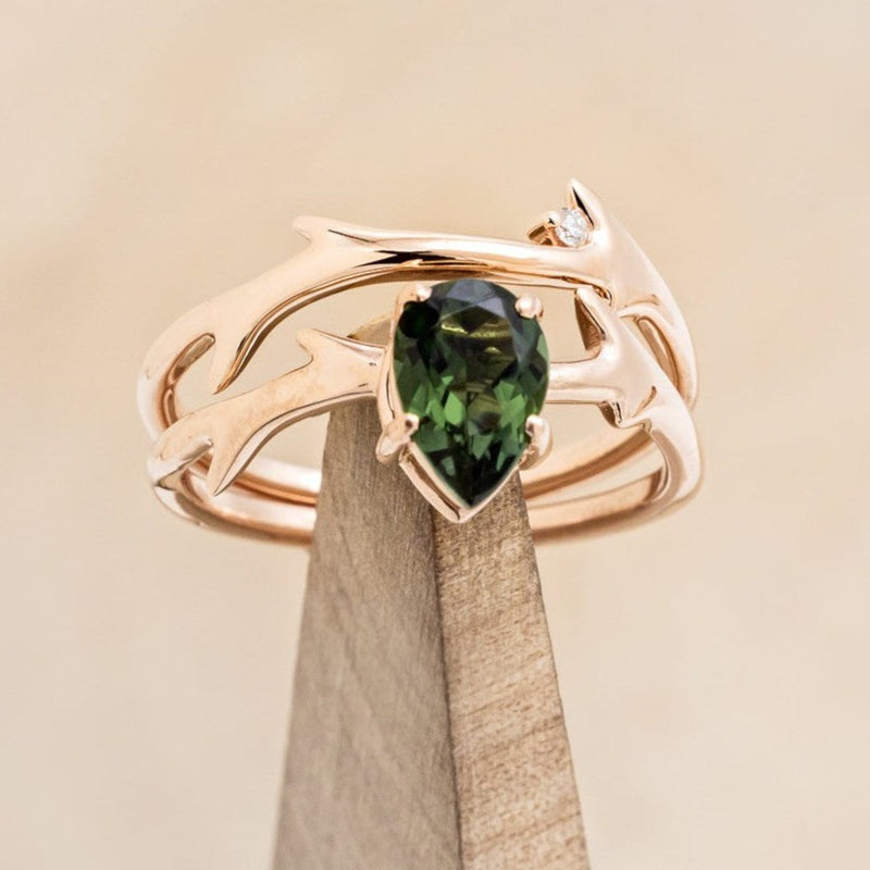 "ARTEMIS" - PEAR GREEN TOURMALINE ENGAGEMENT RING WITH AN ANTLER-STYLE STACKING BAND WITH DIAMOND ACCENT-1