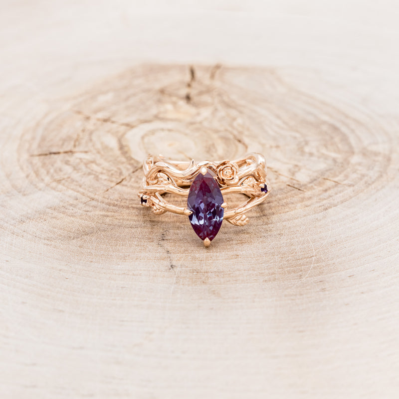 "ARTEMIS ON THE VINE" - MARQUISE CUT LAB-GROWN ALEXANDRITE ENGAGEMENT RING WITH AMETHYST ACCENTS & "BRIAR" BRANCH-STYLE TRACER