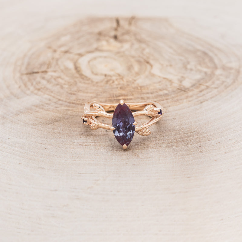 "ARTEMIS ON THE VINE" - MARQUISE CUT LAB-GROWN ALEXANDRITE ENGAGEMENT RING WITH AMETHYST ACCENTS & "BRIAR" BRANCH-STYLE TRACER