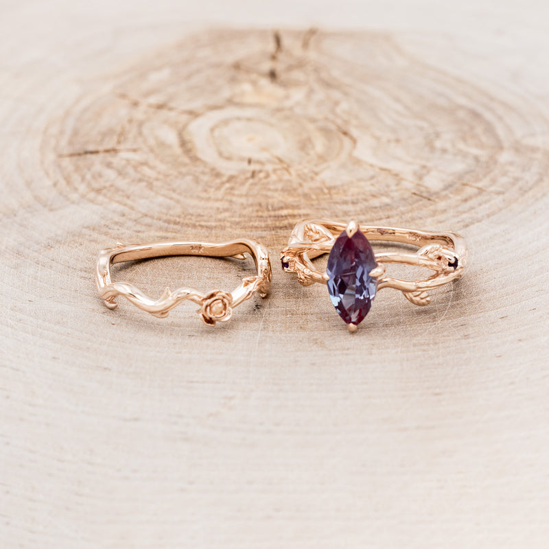 "ARTEMIS ON THE VINE" - MARQUISE CUT LAB-GROWN ALEXANDRITE ENGAGEMENT RING WITH AMETHYST ACCENTS & "BRIAR" BRANCH-STYLE TRACER