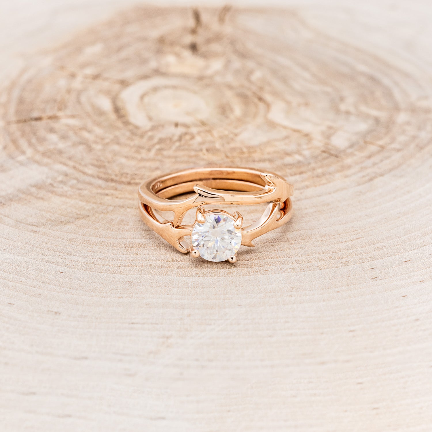 "ARTEMIS" - ROUND MOISSANITE ENGAGEMENT RING WITH AN ANTLER STYLE STACKING BAND-15