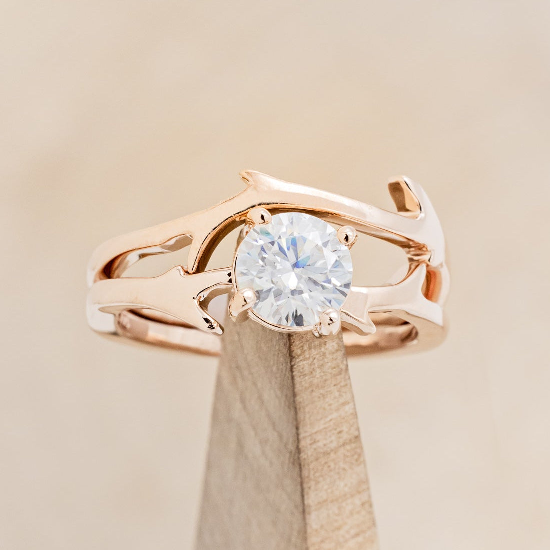 "ARTEMIS" - ROUND MOISSANITE ENGAGEMENT RING WITH AN ANTLER STYLE STACKING BAND-12