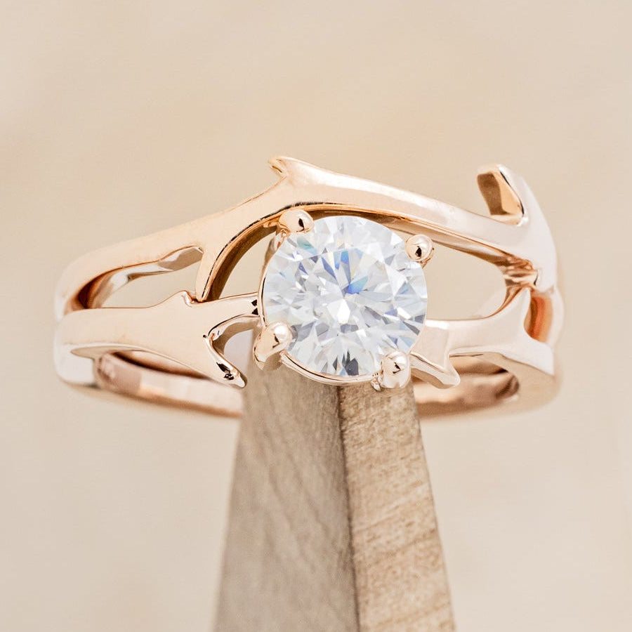 "ARTEMIS" - ROUND MOISSANITE ENGAGEMENT RING WITH AN ANTLER STYLE STACKING BAND-12