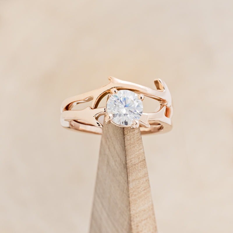 "ARTEMIS" - ROUND MOISSANITE ENGAGEMENT RING WITH AN ANTLER STYLE STACKING BAND-12