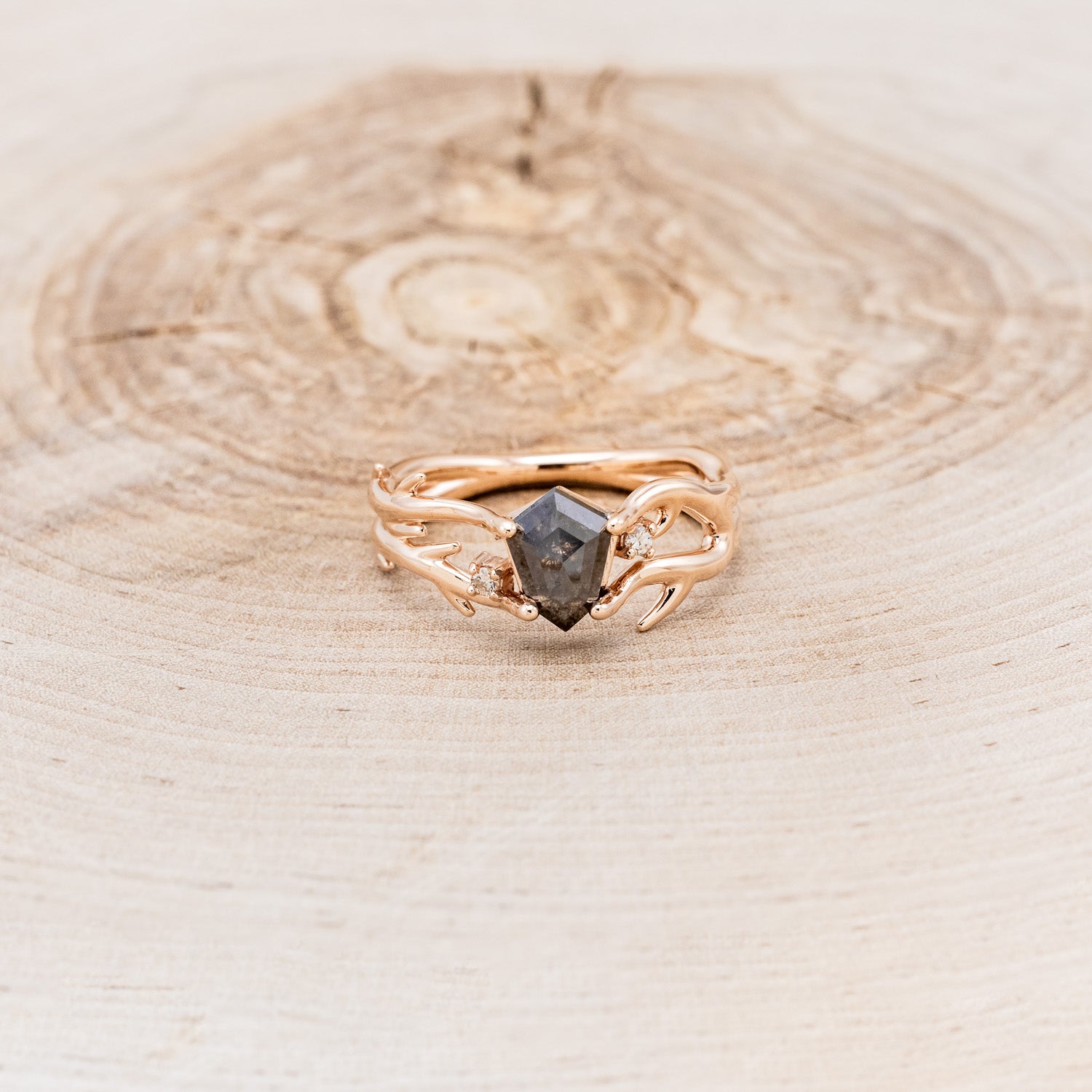 "ARTEMIS" - SHIELD CUT SALT & PEPPER DIAMOND ENGAGEMENT RING WITH DIAMOND ACCENTS-4