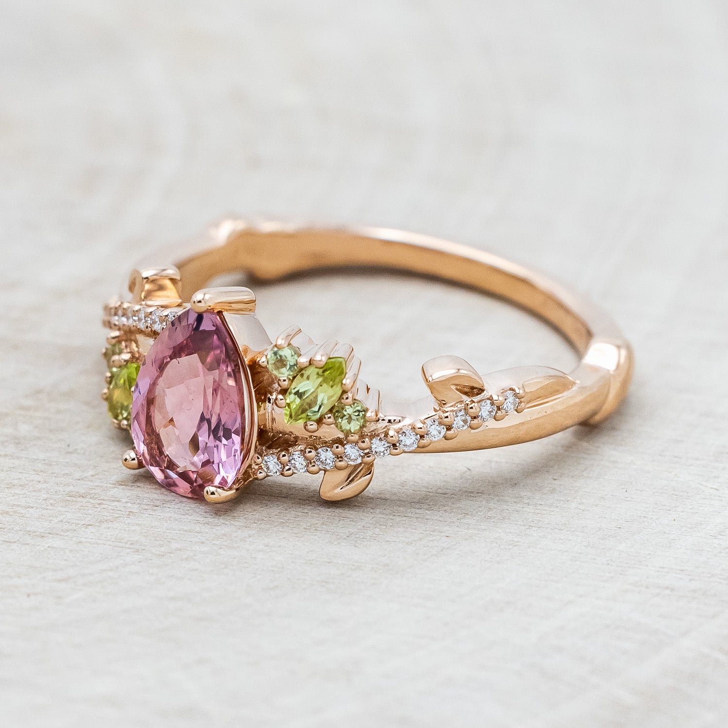 "KAMILA" - PEAR-SHAPED PINK TOURMALINE ENGAGEMENT RING WITH PERIDOT & DIAMOND ACCENTS-3