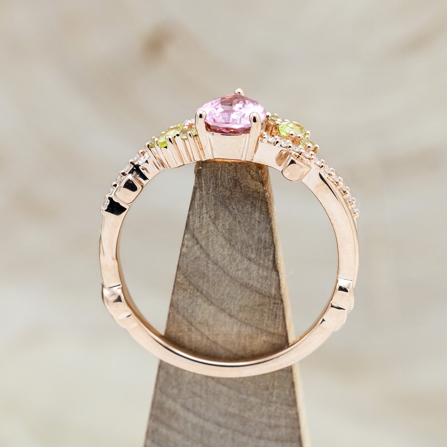 "KAMILA" - PEAR-SHAPED PINK TOURMALINE ENGAGEMENT RING WITH PERIDOT & DIAMOND ACCENTS-5