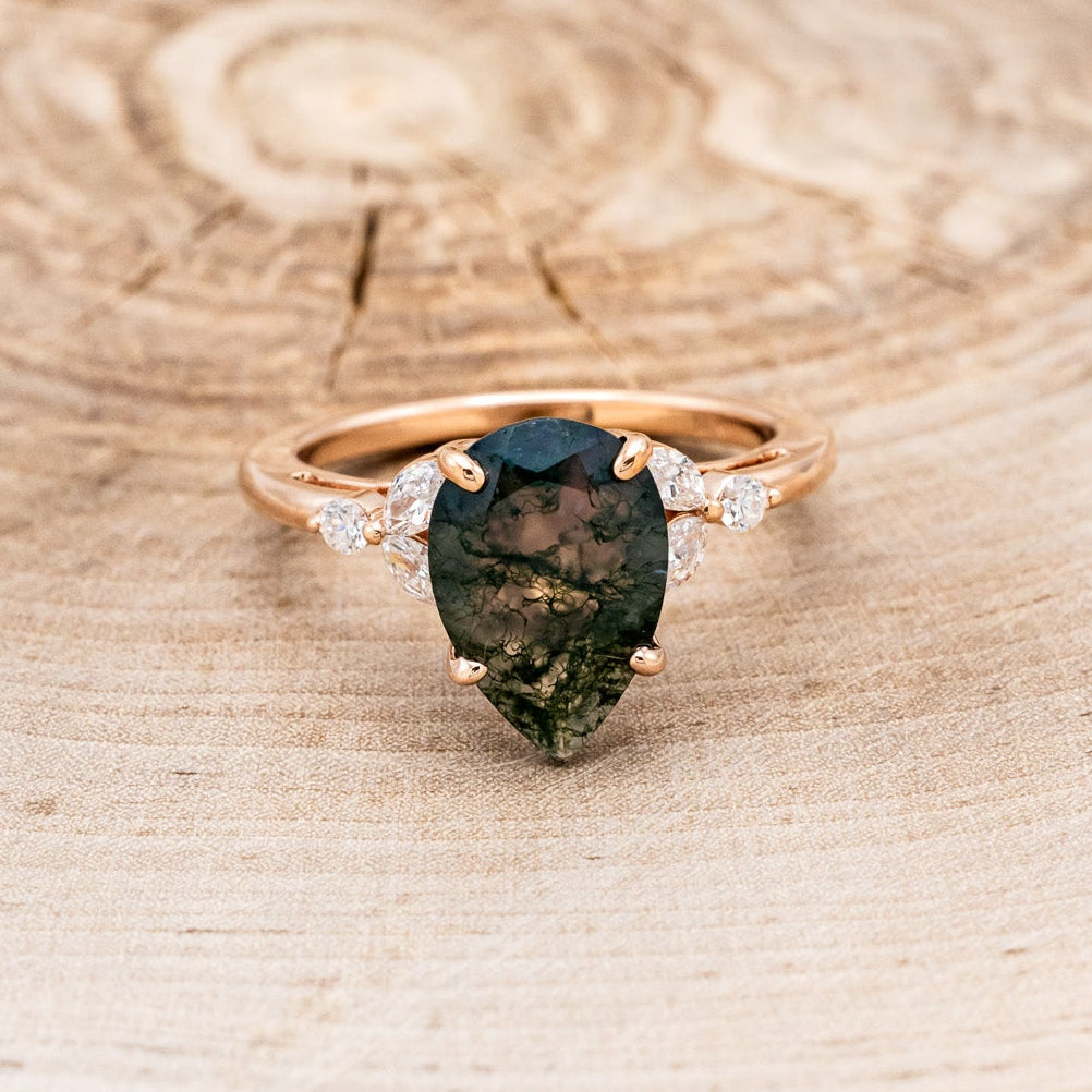 "BLOSSOM" - PEAR-CUT MOSS AGATE ENGAGEMENT RING WITH LEAF-SHAPED DIAMOND ACCENTS-2