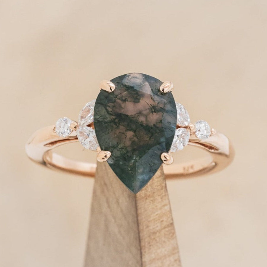 "BLOSSOM" - PEAR-CUT MOSS AGATE ENGAGEMENT RING WITH LEAF-SHAPED DIAMOND ACCENTS-1