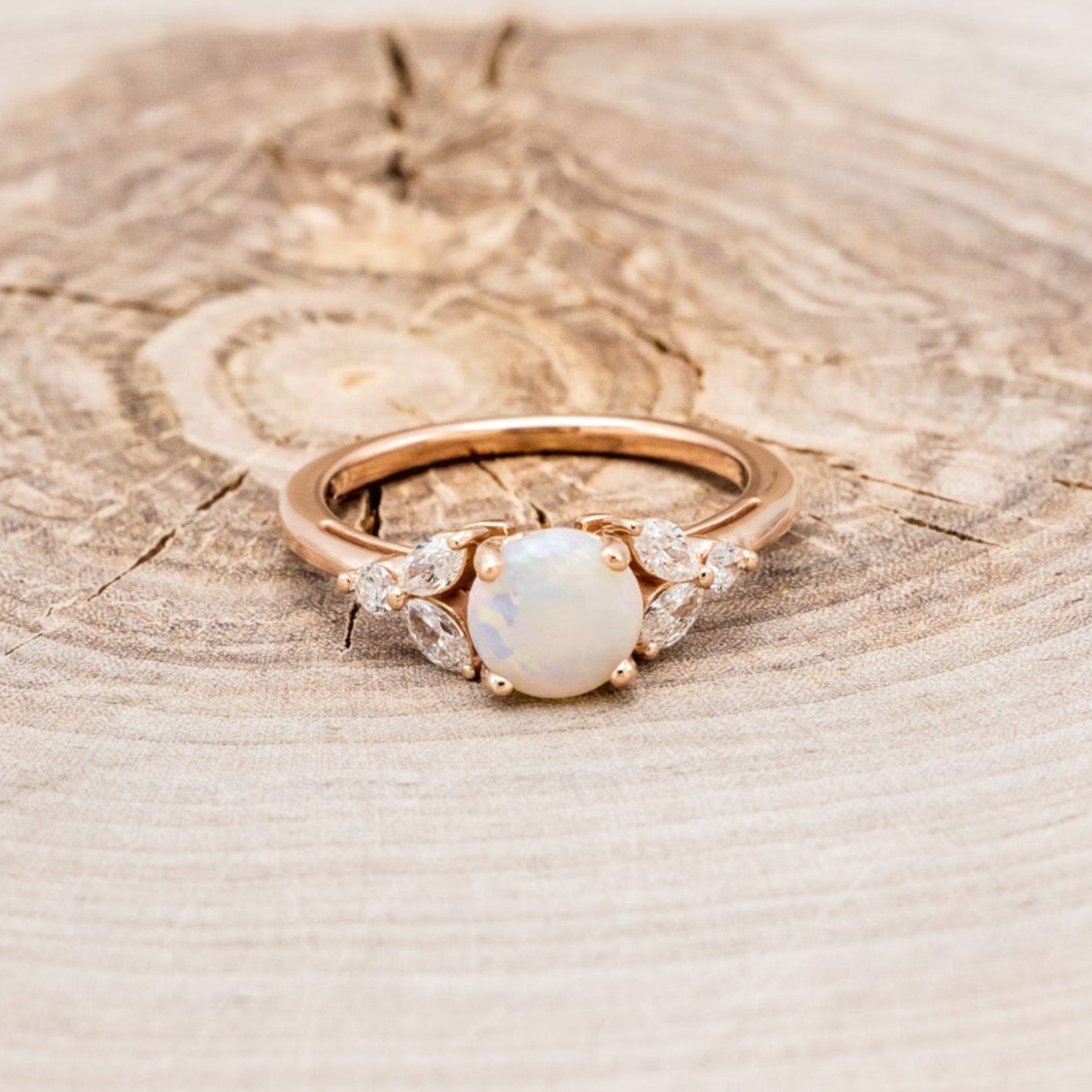 "BLOSSOM" - ROUND CUT OPAL ENGAGEMENT RING WITH LEAF-SHAPED DIAMOND ACCENTS-4