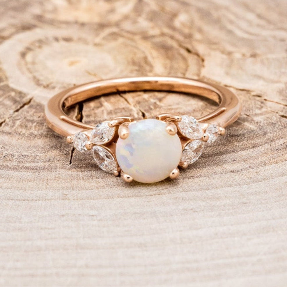 "BLOSSOM" - ROUND CUT OPAL ENGAGEMENT RING WITH LEAF-SHAPED DIAMOND ACCENTS-4