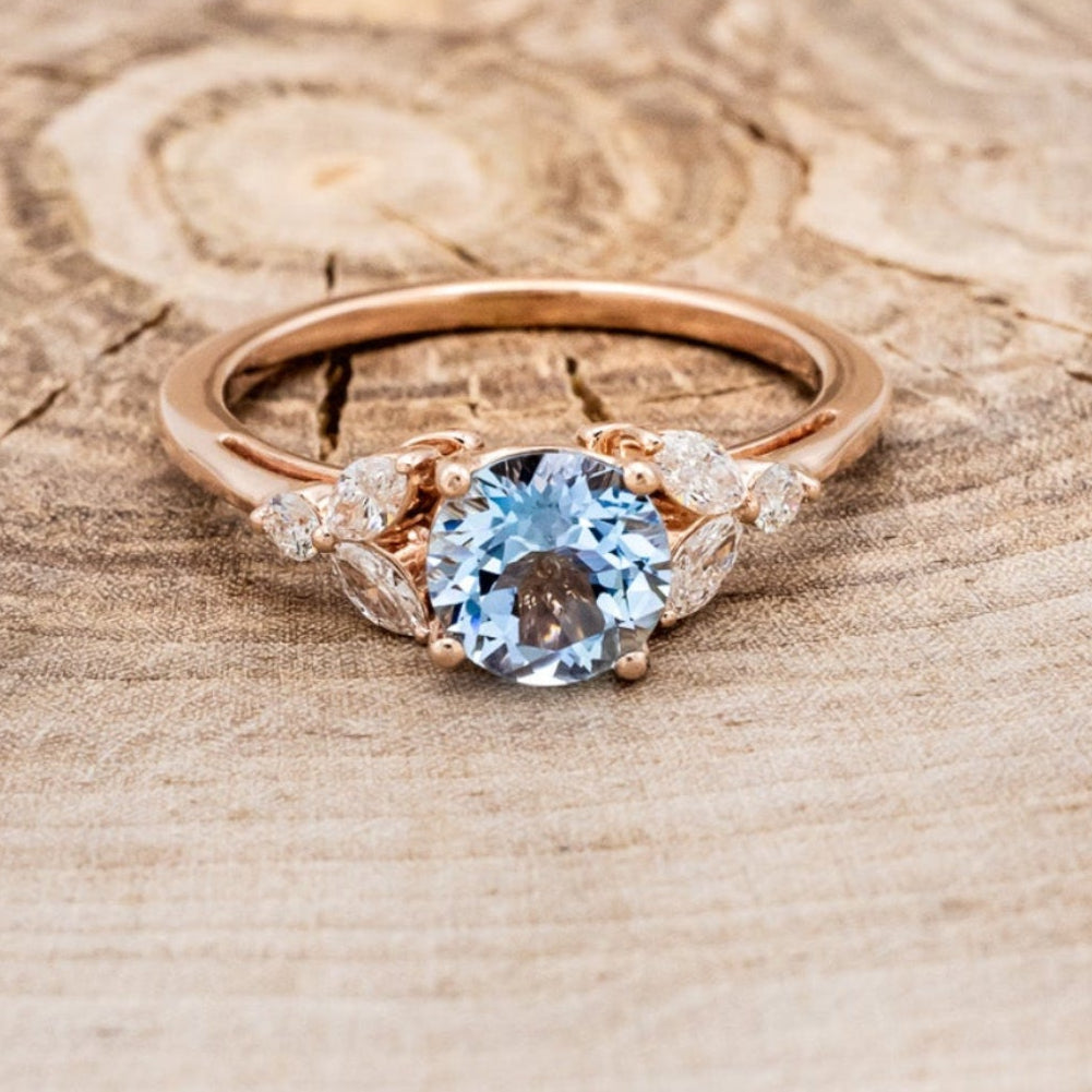 "BLOSSOM" - ROUND CUT AQUAMARINE ENGAGEMENT RING WITH LEAF-SHAPED DIAMOND ACCENTS-4