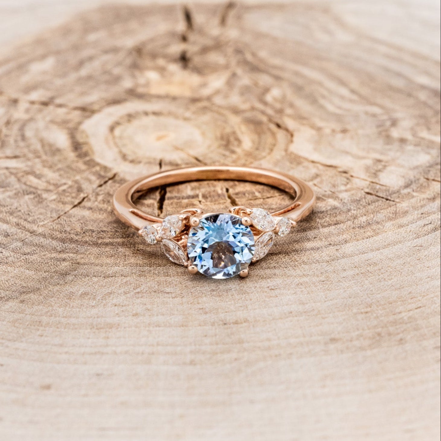 "BLOSSOM" - ROUND CUT AQUAMARINE ENGAGEMENT RING WITH LEAF-SHAPED DIAMOND ACCENTS-4