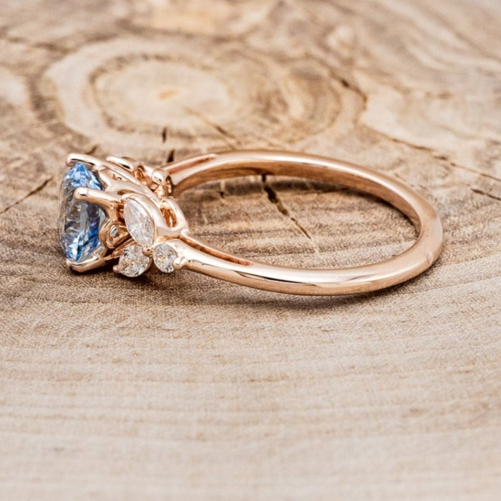"BLOSSOM" - ROUND CUT AQUAMARINE ENGAGEMENT RING WITH LEAF-SHAPED DIAMOND ACCENTS-3