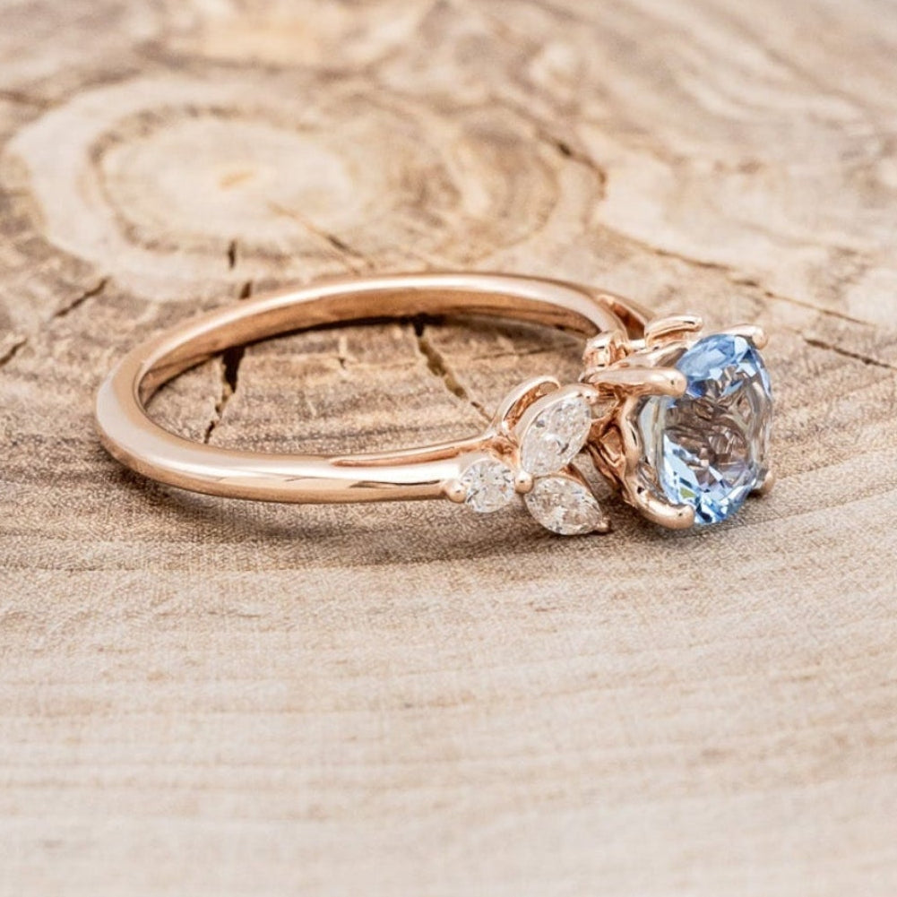 "BLOSSOM" - ROUND CUT AQUAMARINE ENGAGEMENT RING WITH LEAF-SHAPED DIAMOND ACCENTS-2
