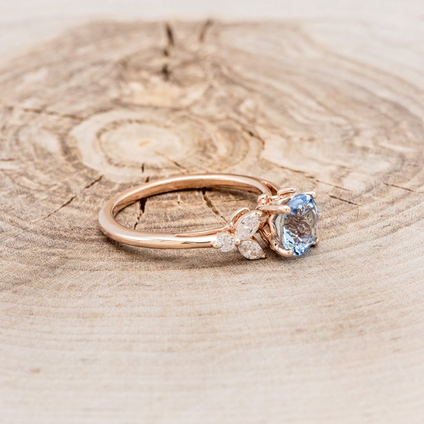 "BLOSSOM" - ROUND CUT AQUAMARINE ENGAGEMENT RING WITH LEAF-SHAPED DIAMOND ACCENTS-2