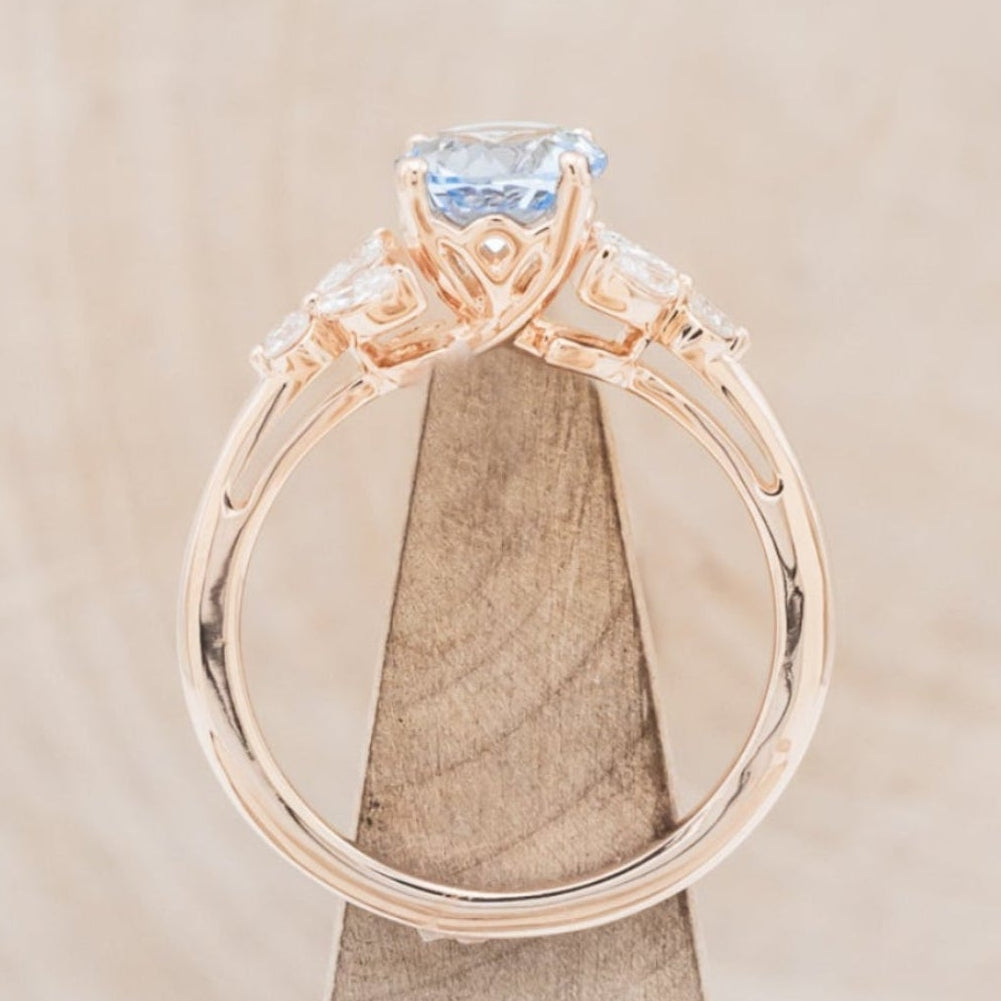 "BLOSSOM" - ROUND CUT AQUAMARINE ENGAGEMENT RING WITH LEAF-SHAPED DIAMOND ACCENTS-6