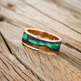 "BOREALIS" - MOUNTAIN ENGRAVED WEDDING RING WITH REDWOOD & GLOW IN THE DARK NORTHERN LIGHTS-11