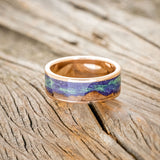 "BOREALIS" - MOUNTAIN ENGRAVED WEDDING RING WITH REDWOOD & GLOW IN THE DARK NORTHERN LIGHTS