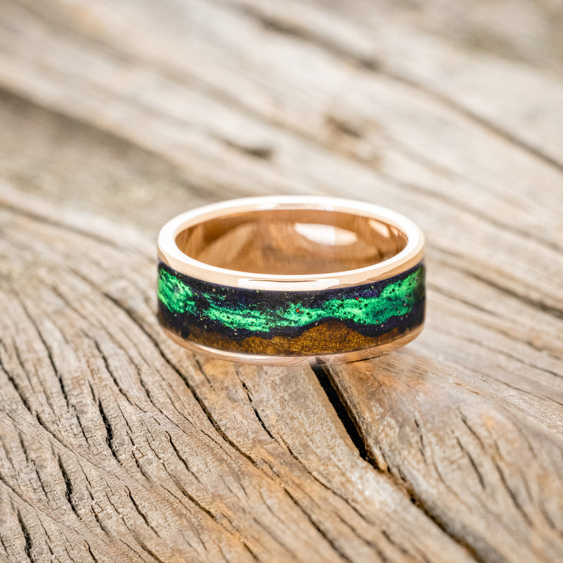 "BOREALIS" - MOUNTAIN ENGRAVED WEDDING RING WITH REDWOOD & GLOW IN THE DARK NORTHERN LIGHTS