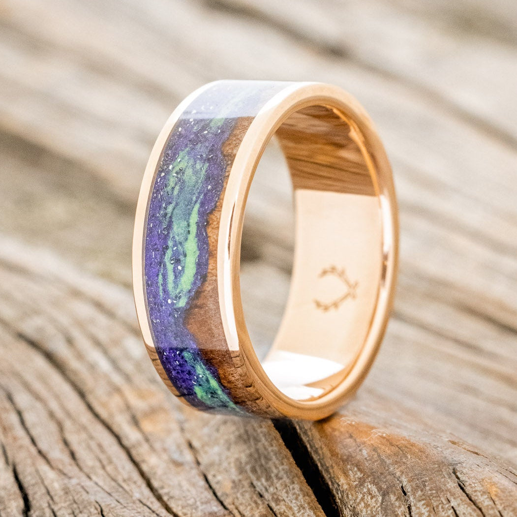 "BOREALIS" - MOUNTAIN ENGRAVED WEDDING RING WITH REDWOOD & GLOW IN THE DARK NORTHERN LIGHTS-7