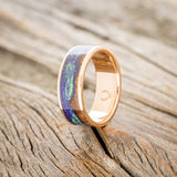 "BOREALIS" - MOUNTAIN ENGRAVED WEDDING RING WITH REDWOOD & GLOW IN THE DARK NORTHERN LIGHTS-7