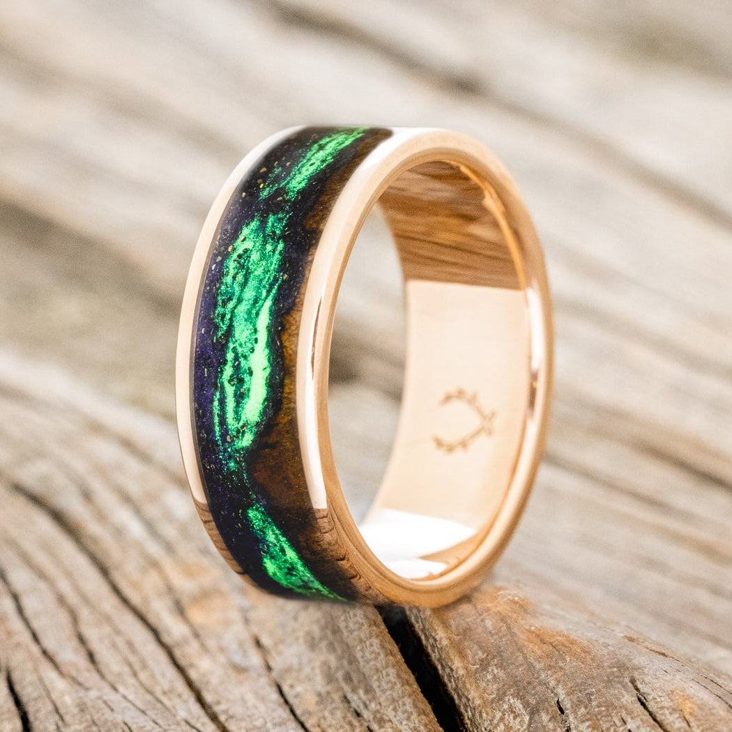 "BOREALIS" - MOUNTAIN ENGRAVED WEDDING RING WITH REDWOOD & GLOW IN THE DARK NORTHERN LIGHTS-10