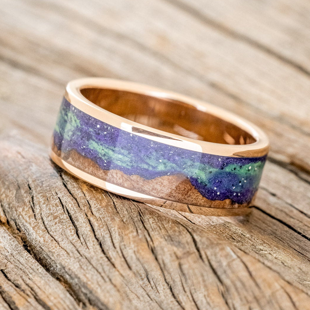 "BOREALIS" - MOUNTAIN ENGRAVED WEDDING RING WITH REDWOOD & GLOW IN THE DARK NORTHERN LIGHTS-8