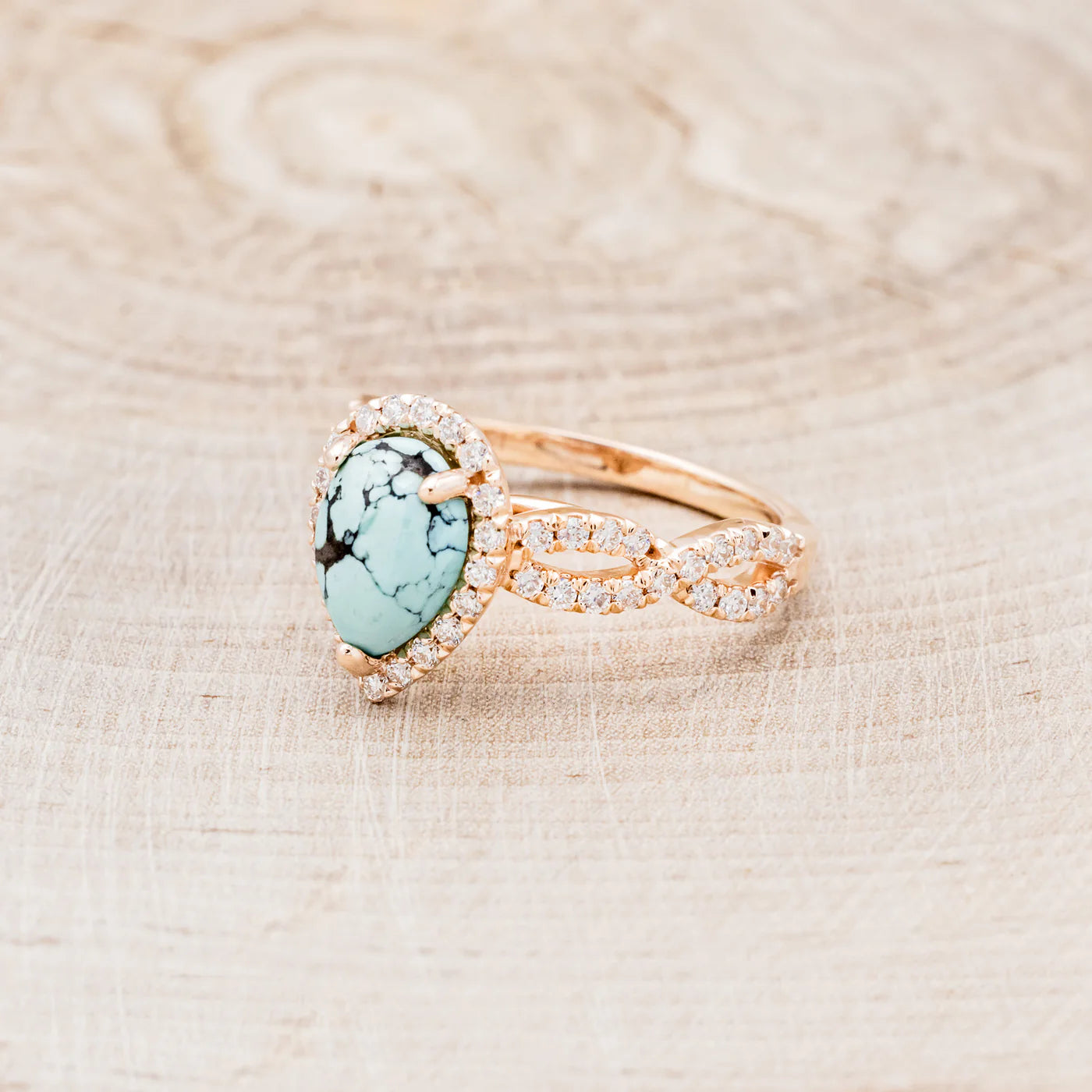 "BRIDGETTE" - PEAR CABOCHON CUT TURQUOISE ENGAGEMENT RING WITH DIAMOND HALO & ACCENTS - 14K ROSE GOLD - SIZE 5 3/4-Staghead Designs