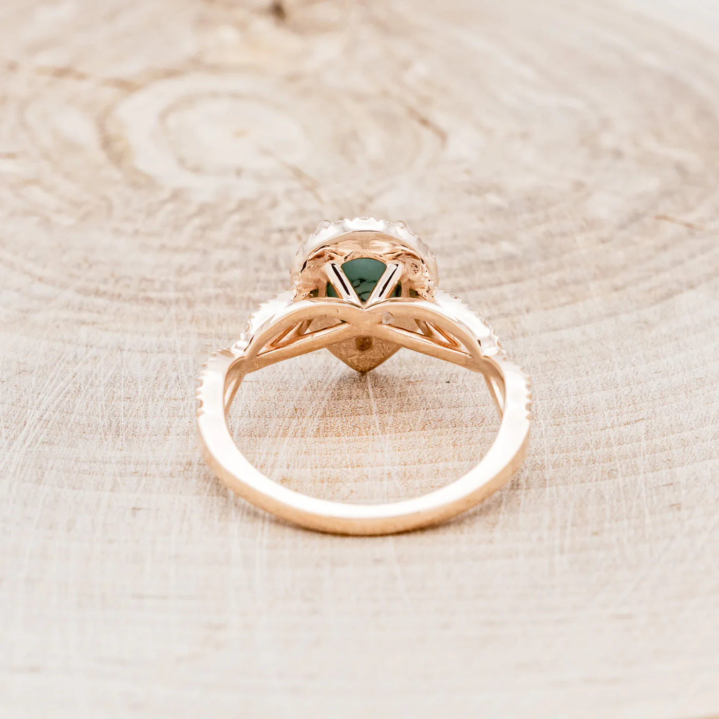 "BRIDGETTE" - PEAR CABOCHON CUT TURQUOISE ENGAGEMENT RING WITH DIAMOND HALO & ACCENTS - 14K ROSE GOLD - SIZE 5 3/4-Staghead Designs