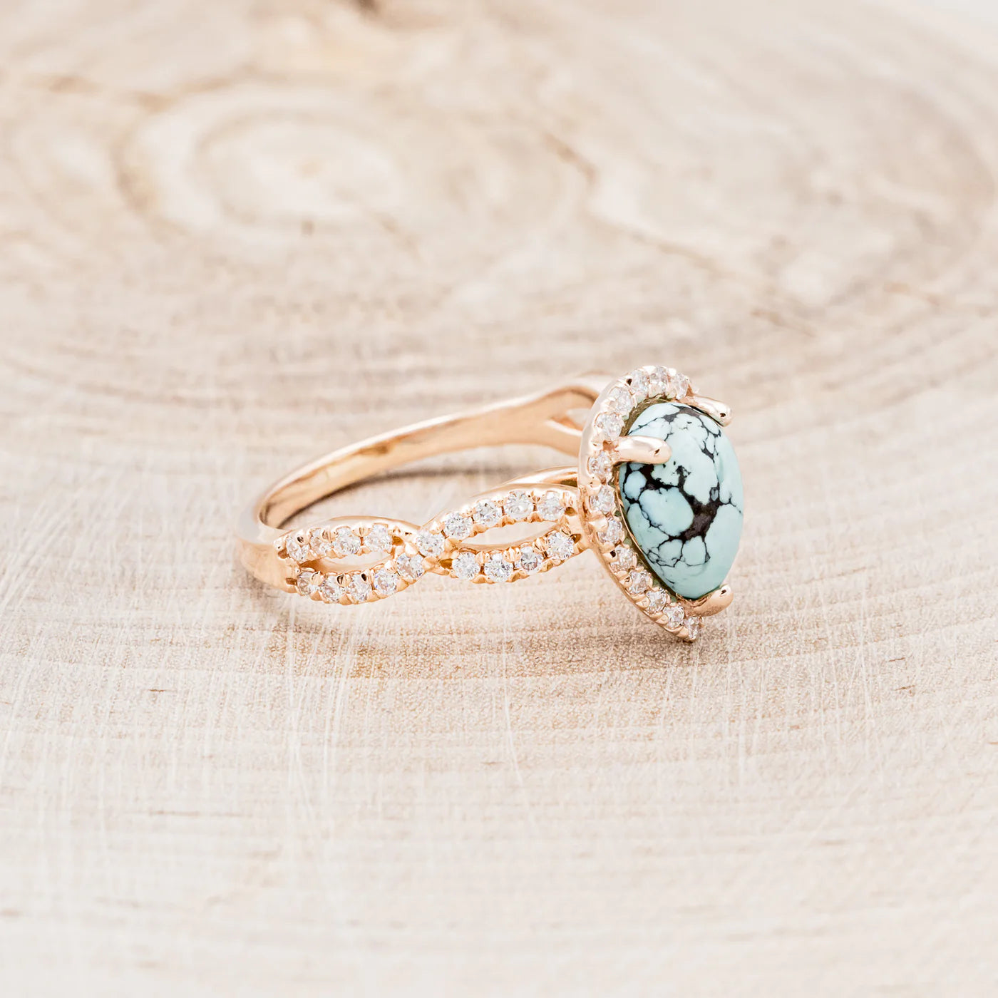 "BRIDGETTE" - PEAR CABOCHON CUT TURQUOISE ENGAGEMENT RING WITH DIAMOND HALO & ACCENTS - 14K ROSE GOLD - SIZE 5 3/4-Staghead Designs