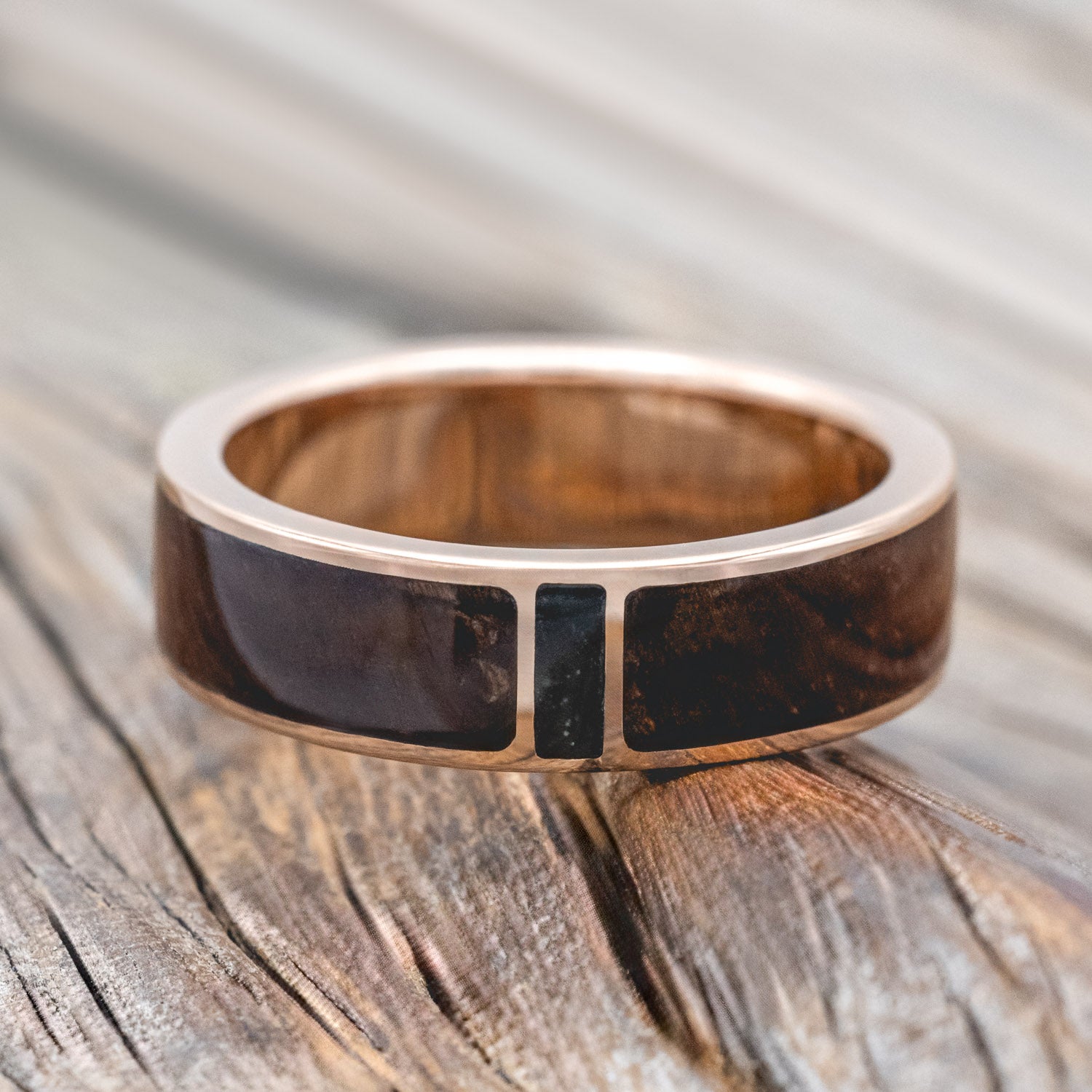 "Caspian" - men's wedding ring featuring koa wood and moss agate inlay