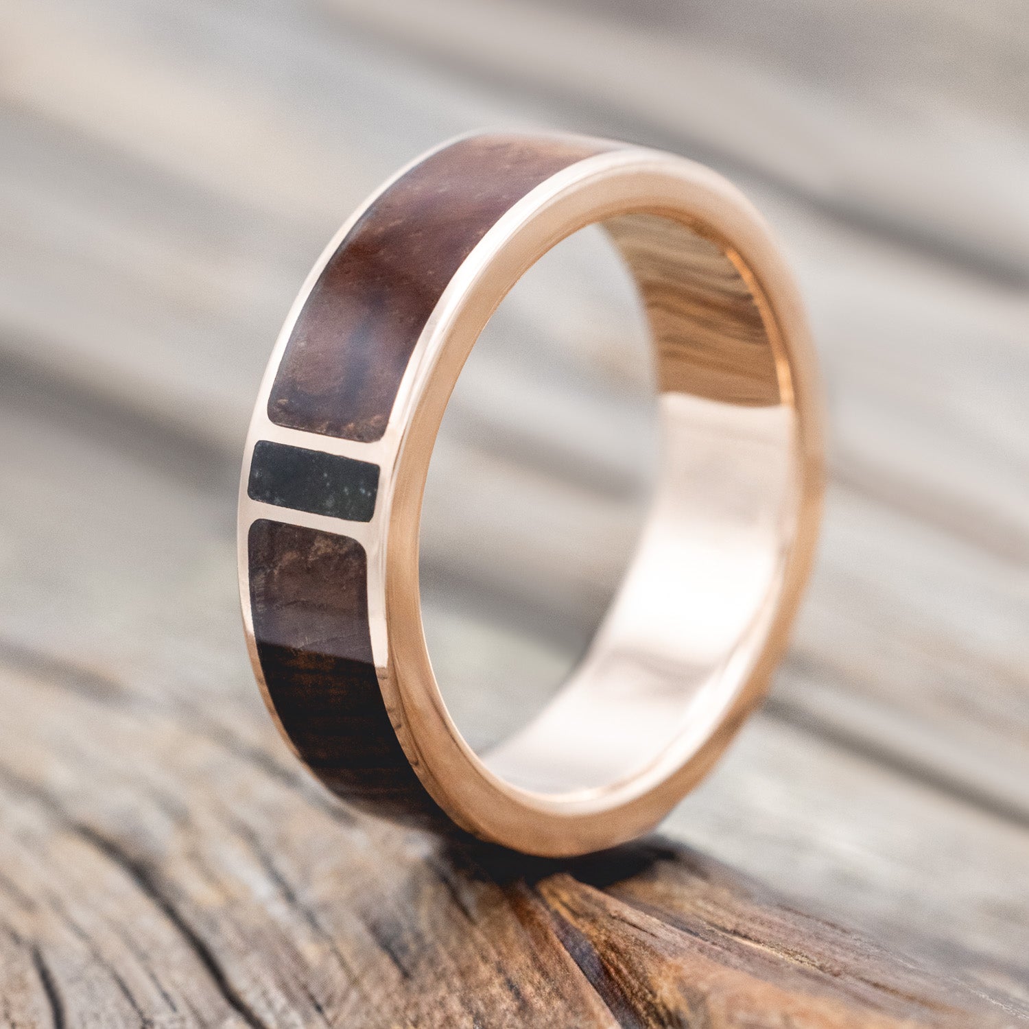 "Caspian" - men's wedding ring featuring koa wood and moss agate inlay