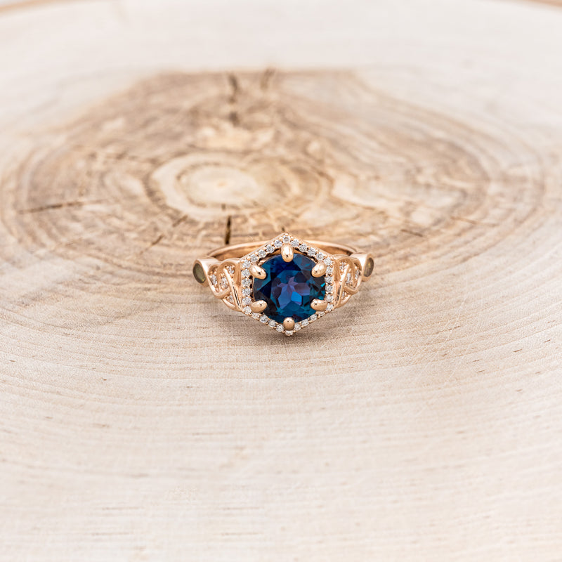 "LUCY IN THE SKY" - ROUND CUT LAB-GROWN ALEXANDRITE ENGAGEMENT RING WITH CELTIC KNOT ENGRAVINGS & FIRE & ICE OPAL INLAYS-4