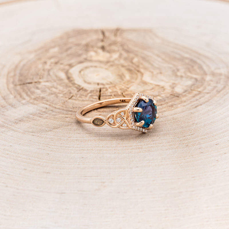 "LUCY IN THE SKY" - ROUND CUT LAB-GROWN ALEXANDRITE ENGAGEMENT RING WITH CELTIC KNOT ENGRAVINGS & FIRE & ICE OPAL INLAYS-2