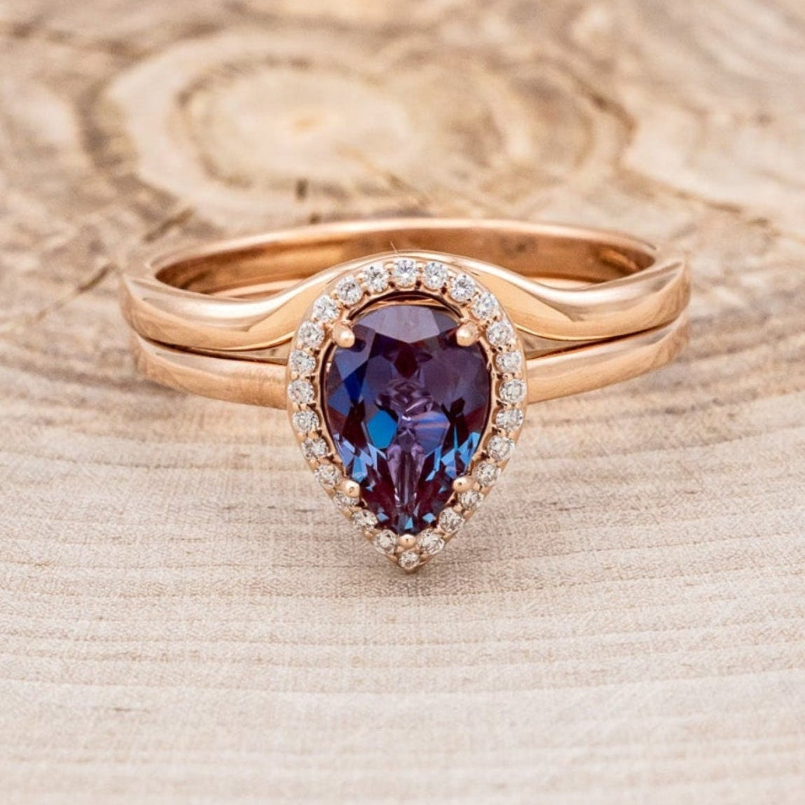 "CLARISS" - PEAR-SHAPED LAB-GROWN ALEXANDRITE ENGAGEMENT RING SET WITH DIAMOND ACCENTS & STACKER-4