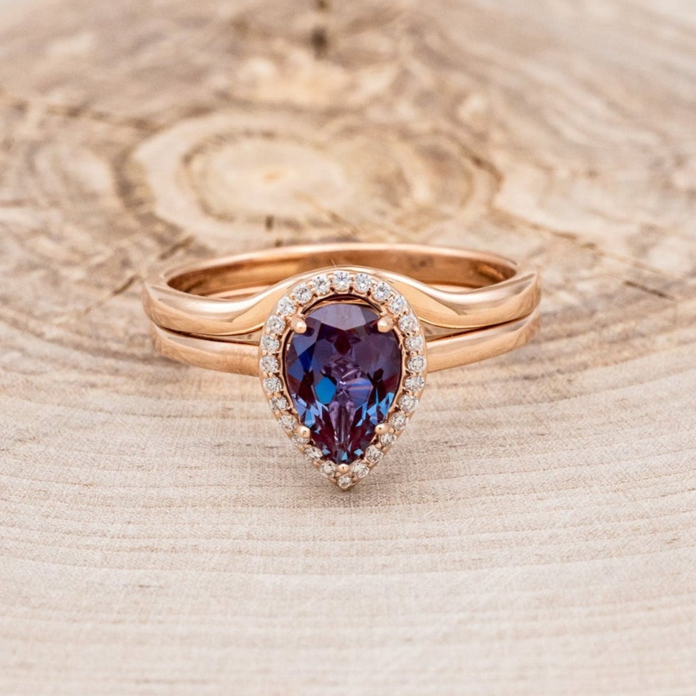 "CLARISS" - PEAR-SHAPED LAB-GROWN ALEXANDRITE ENGAGEMENT RING SET WITH DIAMOND ACCENTS & STACKER-4
