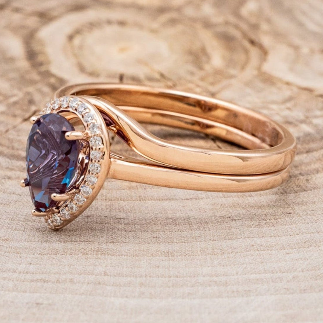 "CLARISS" - PEAR-SHAPED LAB-GROWN ALEXANDRITE ENGAGEMENT RING SET WITH DIAMOND ACCENTS & STACKER-3