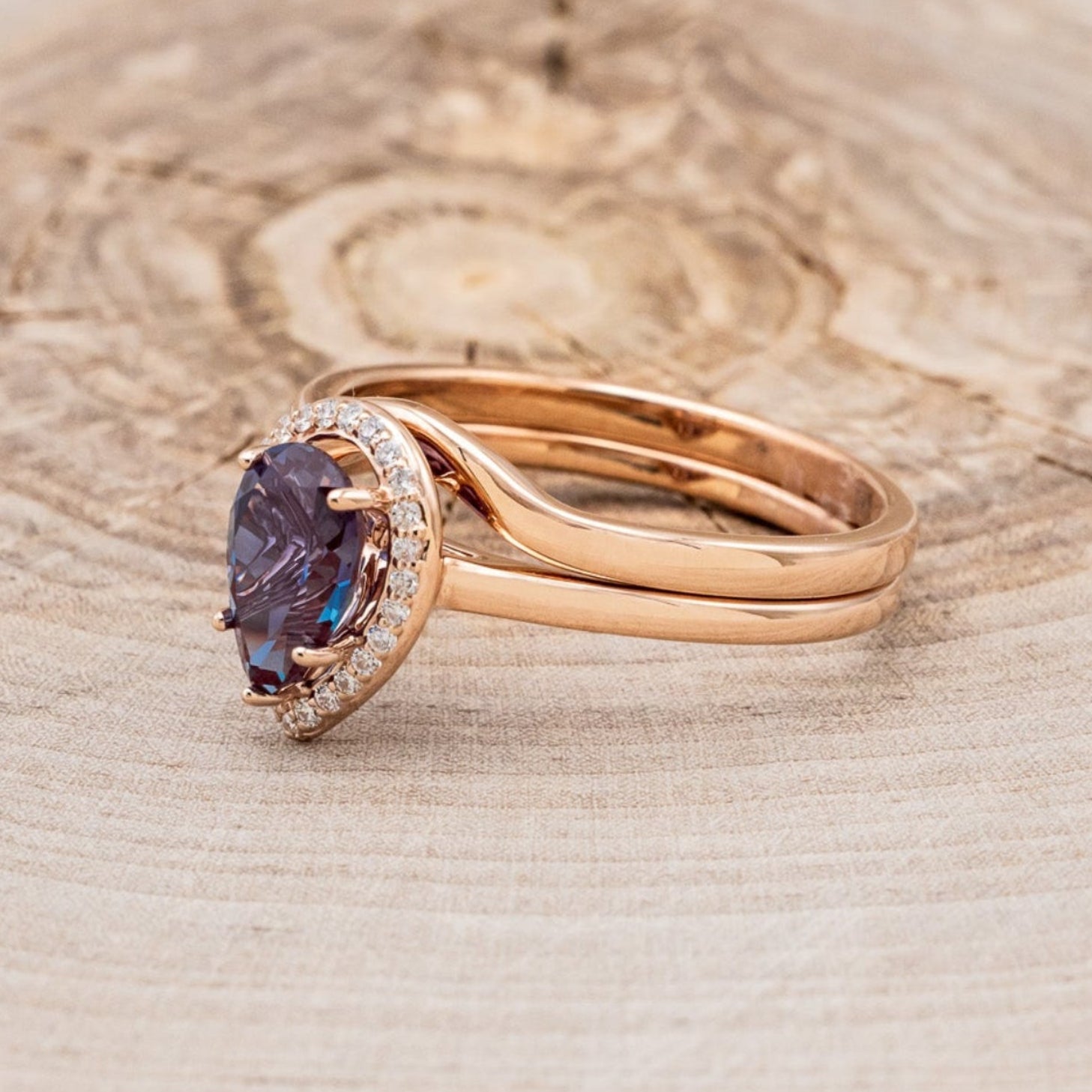 "CLARISS" - PEAR-SHAPED LAB-GROWN ALEXANDRITE ENGAGEMENT RING SET WITH DIAMOND ACCENTS & STACKER-3